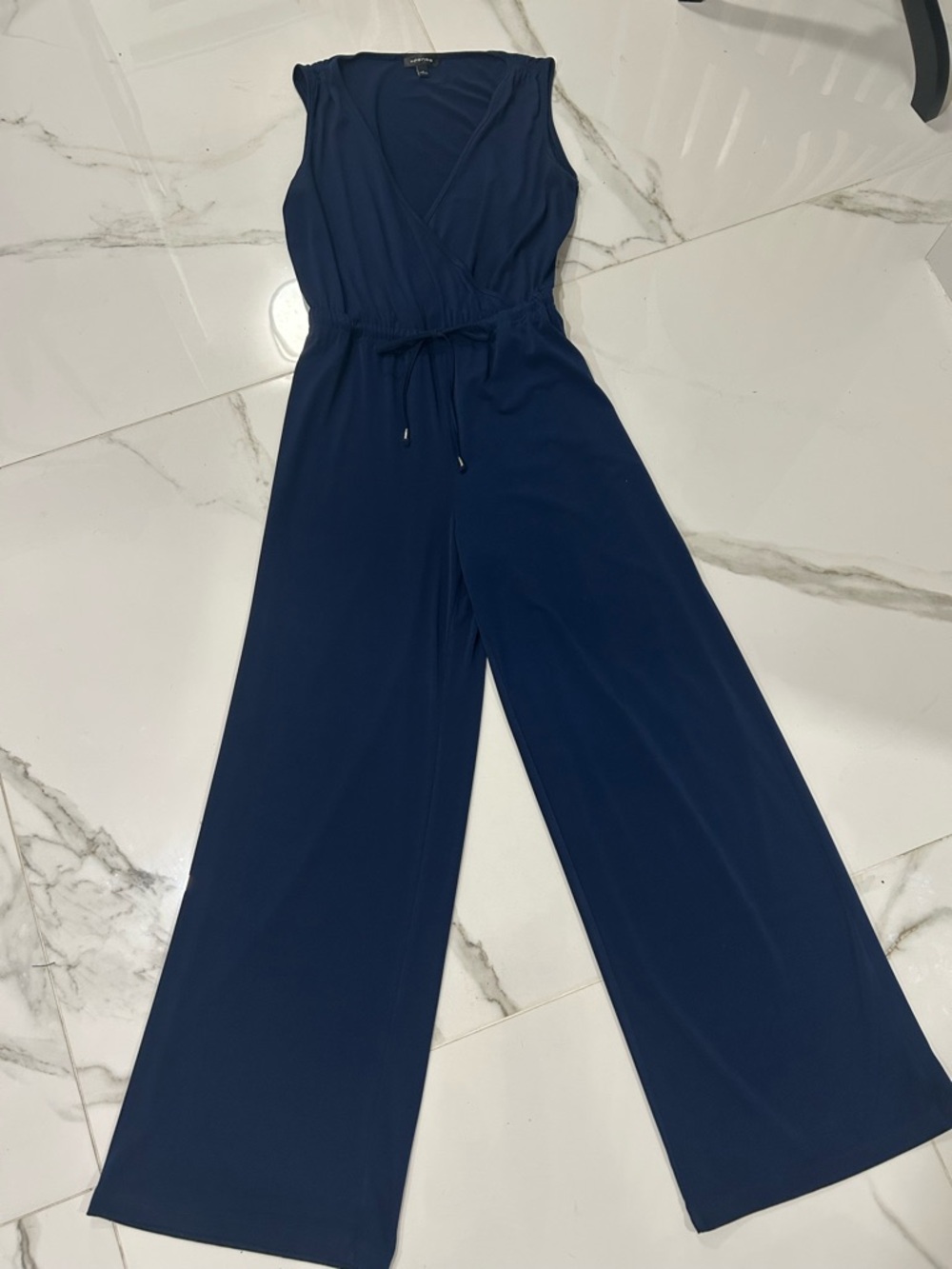 Spense Sleeveless Navy Wide-Leg Jumpsuit Rom with Drawstring Waist V-Neck Size 4